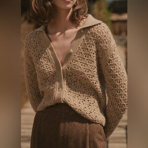 Vince Crochet Knit Button Cardigan Sweater Amber Light